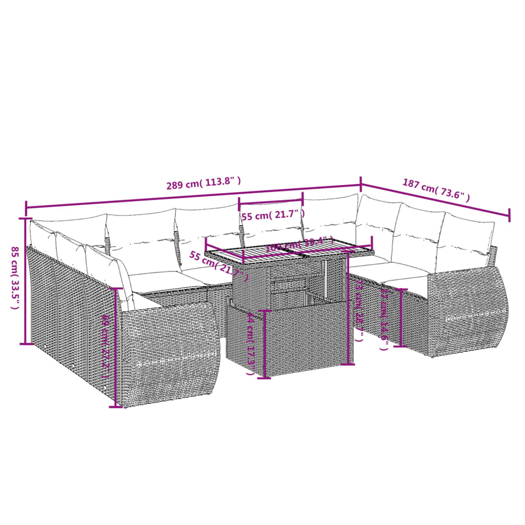 10-tlg. Garten-Sofagarnitur mit Kissen Schwarz Poly Rattan - Pazzar.ch