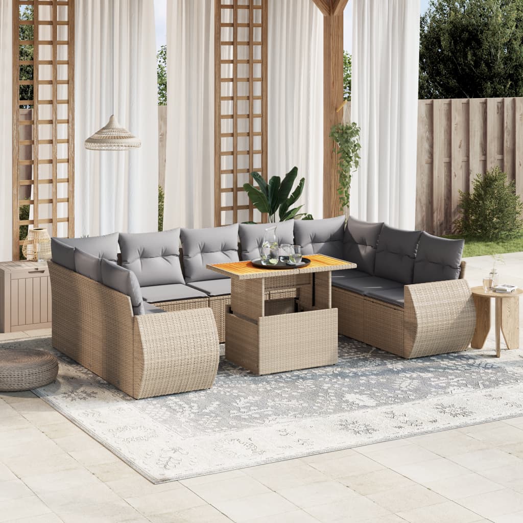 10-tlg. Garten-Sofagarnitur mit Kissen Beige Poly Rattan - Pazzar.ch