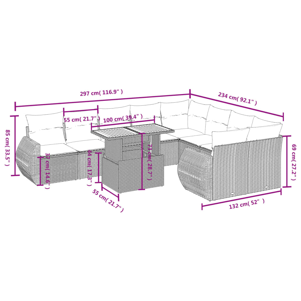 10-tlg. Garten-Sofagarnitur mit Kissen Grau Poly Rattan - Pazzar.ch