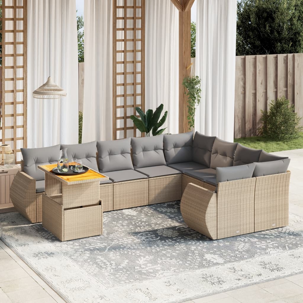 10-tlg. Garten-Sofagarnitur mit Kissen Beige Poly Rattan - Pazzar.ch