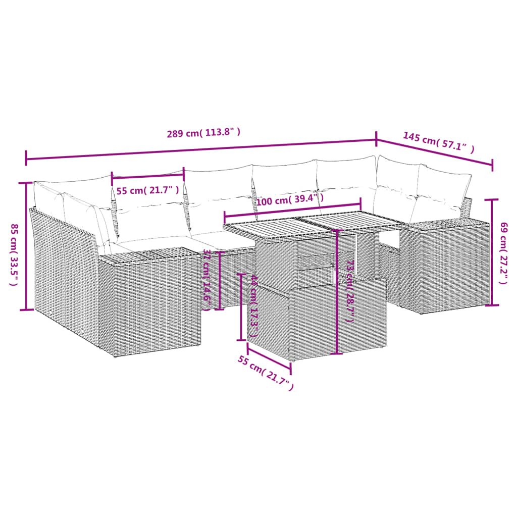 8-tlg. Garten-Sofagarnitur mit Kissen Schwarz Poly Rattan