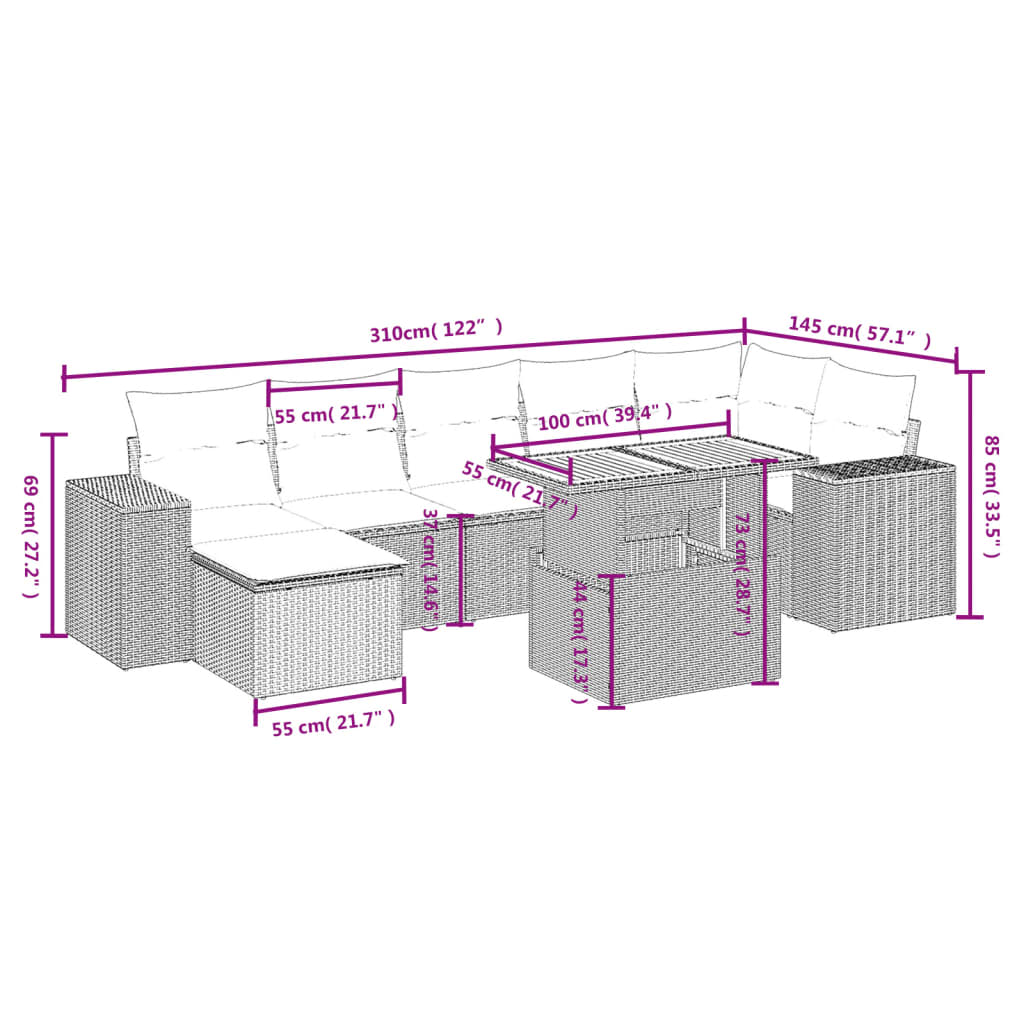 8-tlg. Garten-Sofagarnitur mit Kissen Schwarz Poly Rattan - Pazzar.ch