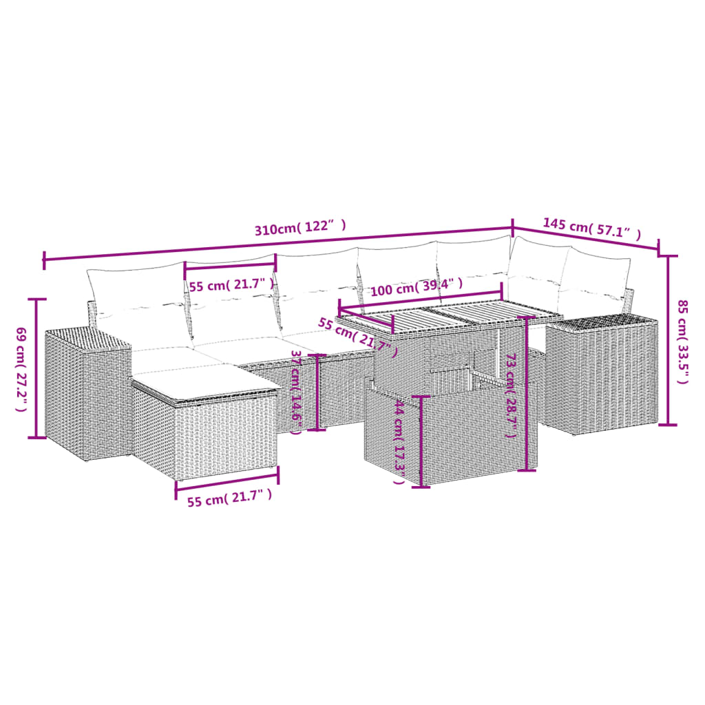 8-tlg. Garten-Sofagarnitur mit Kissen Schwarz Poly Rattan - Pazzar.ch