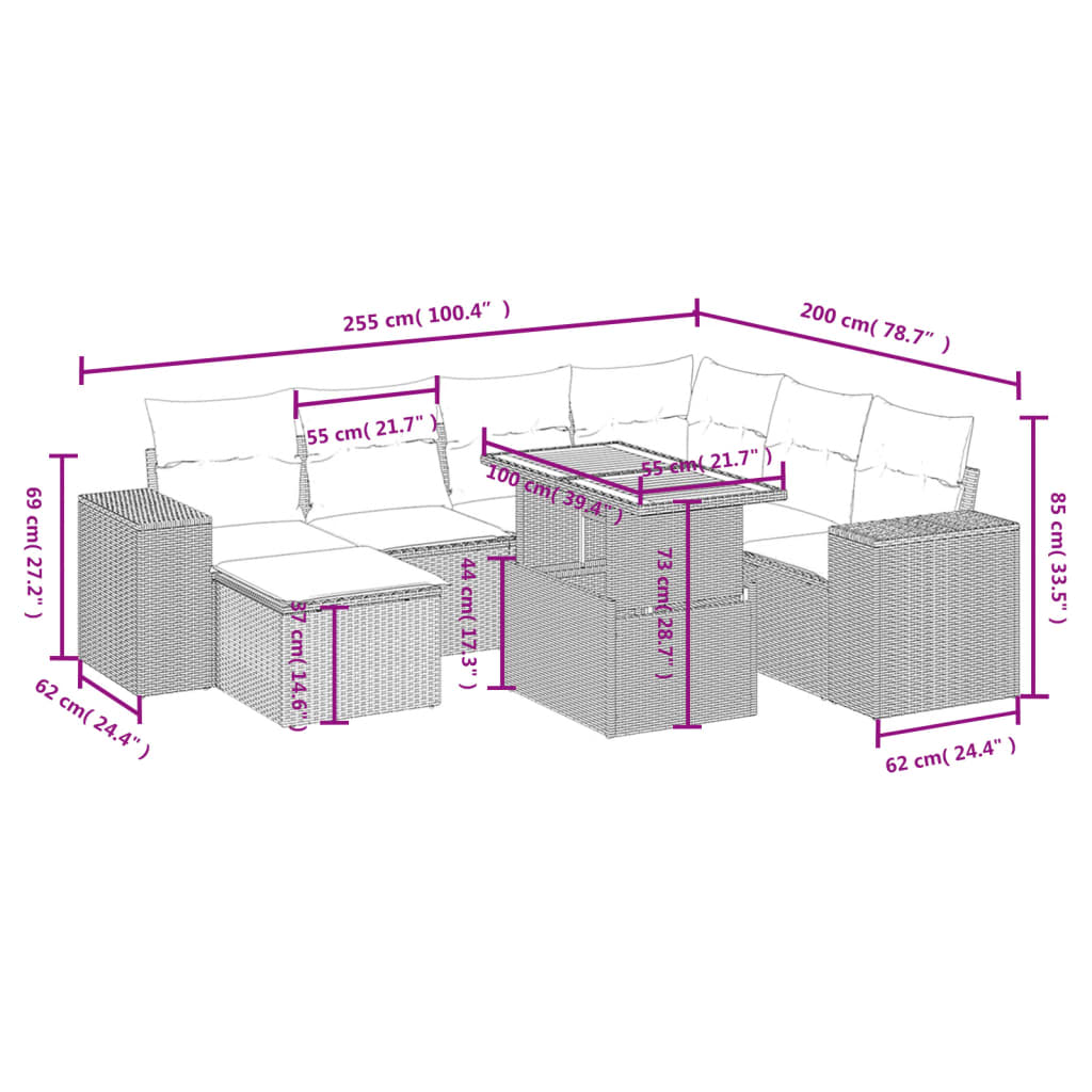 8-tlg. Garten-Sofagarnitur mit Kissen Schwarz Poly Rattan - Pazzar.ch