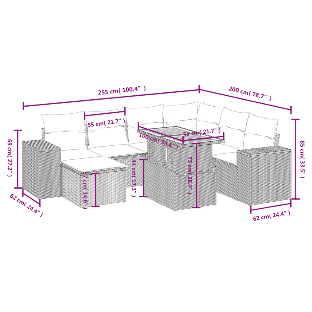8-tlg. Garten-Sofagarnitur mit Kissen Schwarz Poly Rattan - Pazzar.ch