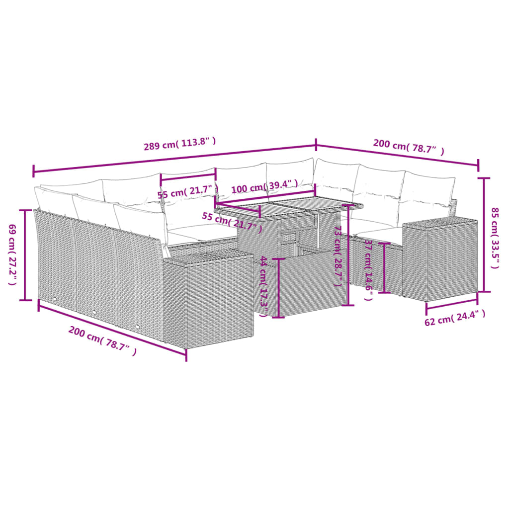 10-tlg. Garten-Sofagarnitur mit Kissen Schwarz Poly Rattan - Pazzar.ch