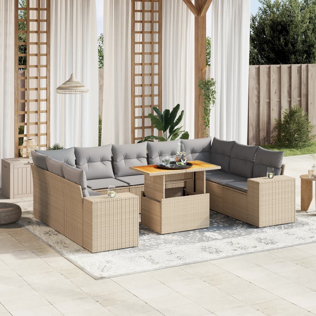 10-tlg. Garten-Sofagarnitur mit Kissen Beige Poly Rattan - Pazzar.ch