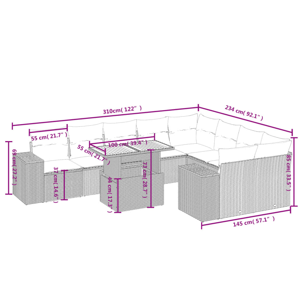 10-tlg. Garten-Sofagarnitur mit Kissen Schwarz Poly Rattan - Pazzar.ch