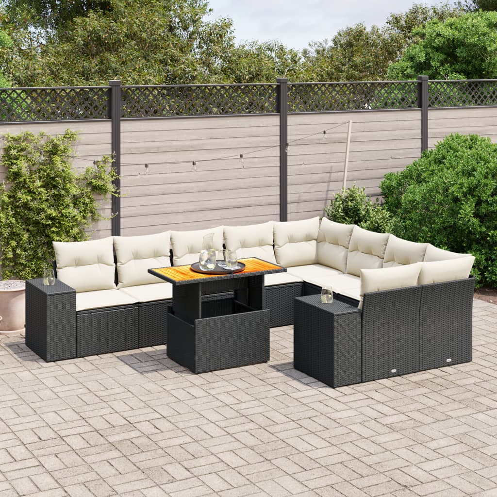 10-tlg. Garten-Sofagarnitur mit Kissen Schwarz Poly Rattan