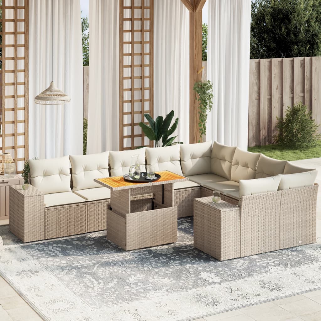 10-tlg. Garten-Sofagarnitur mit Kissen Beige Poly Rattan - Pazzar.ch