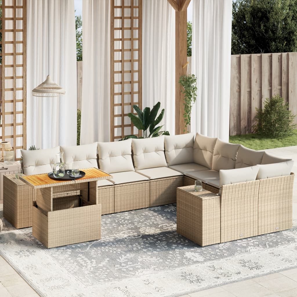 10-tlg. Garten-Sofagarnitur mit Kissen Beige Poly Rattan - Pazzar.ch