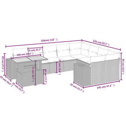 10-tlg. Garten-Sofagarnitur mit Kissen Grau Poly Rattan - Pazzar.ch