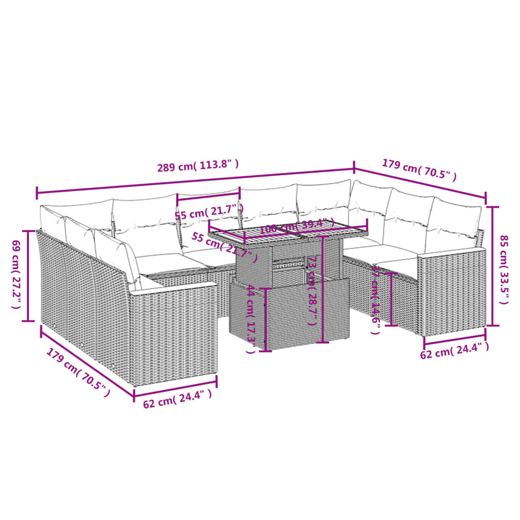 10-tlg. Garten-Sofagarnitur mit Kissen Schwarz Poly Rattan - Pazzar.ch