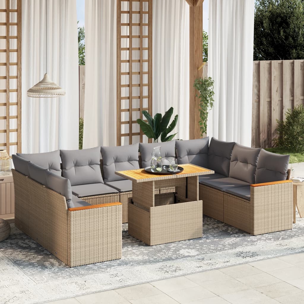 10-tlg. Garten-Sofagarnitur mit Kissen Beige Poly Rattan - Pazzar.ch