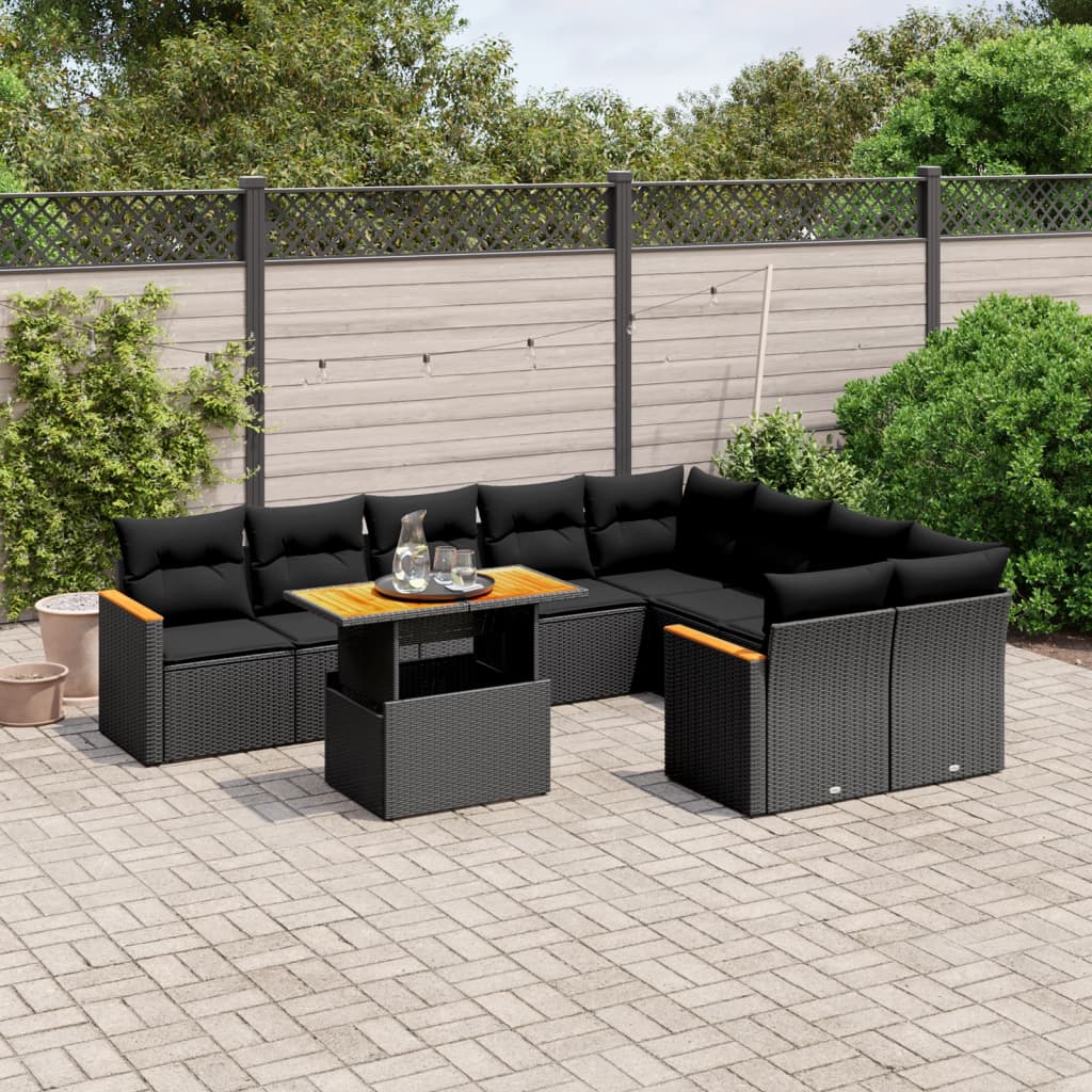 10-tlg. Garten-Sofagarnitur mit Kissen Schwarz Poly Rattan - Pazzar.ch