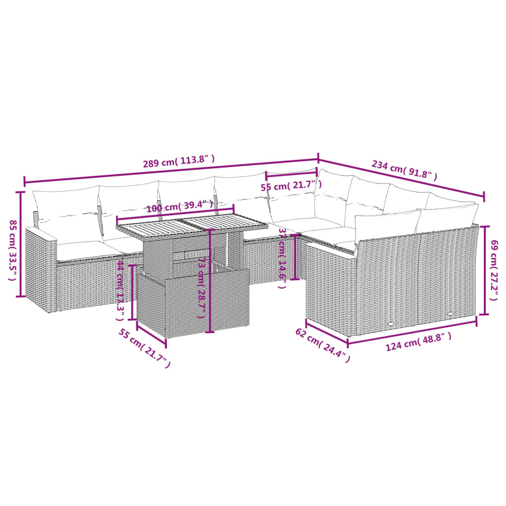 10-tlg. Garten-Sofagarnitur mit Kissen Schwarz Poly Rattan - Pazzar.ch