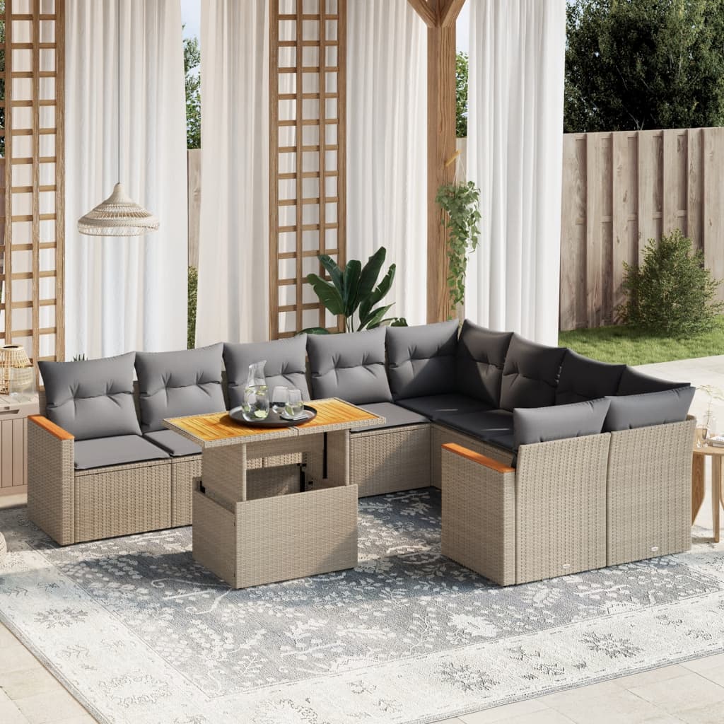 10-tlg. Garten-Sofagarnitur mit Kissen Beige Poly Rattan - Pazzar.ch