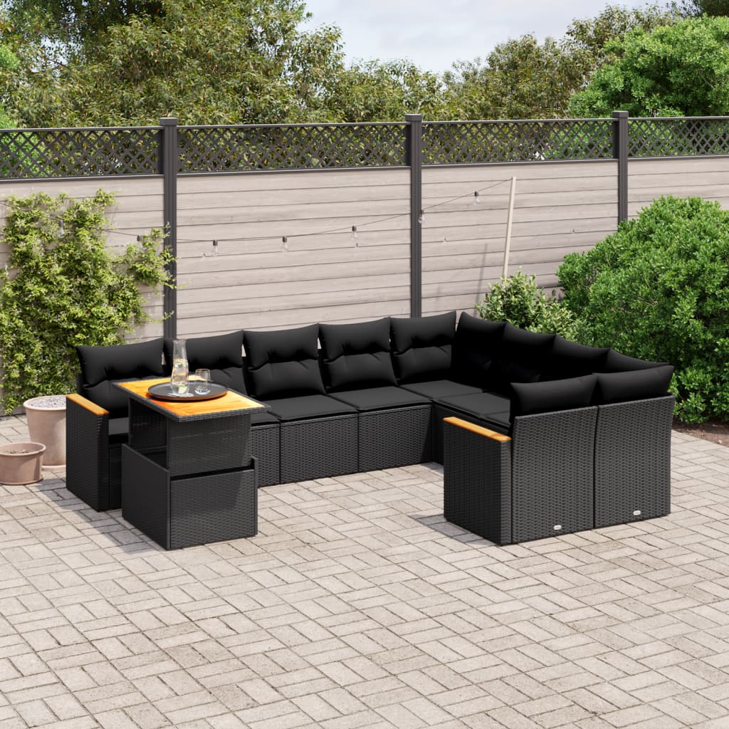 10-tlg. Garten-Sofagarnitur mit Kissen Schwarz Poly Rattan - Pazzar.ch