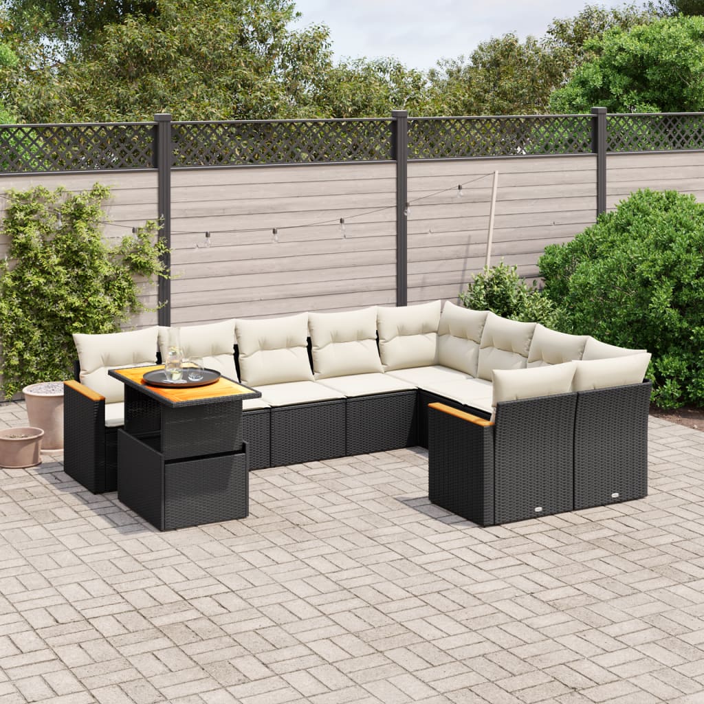 10-tlg. Garten-Sofagarnitur mit Kissen Schwarz Poly Rattan