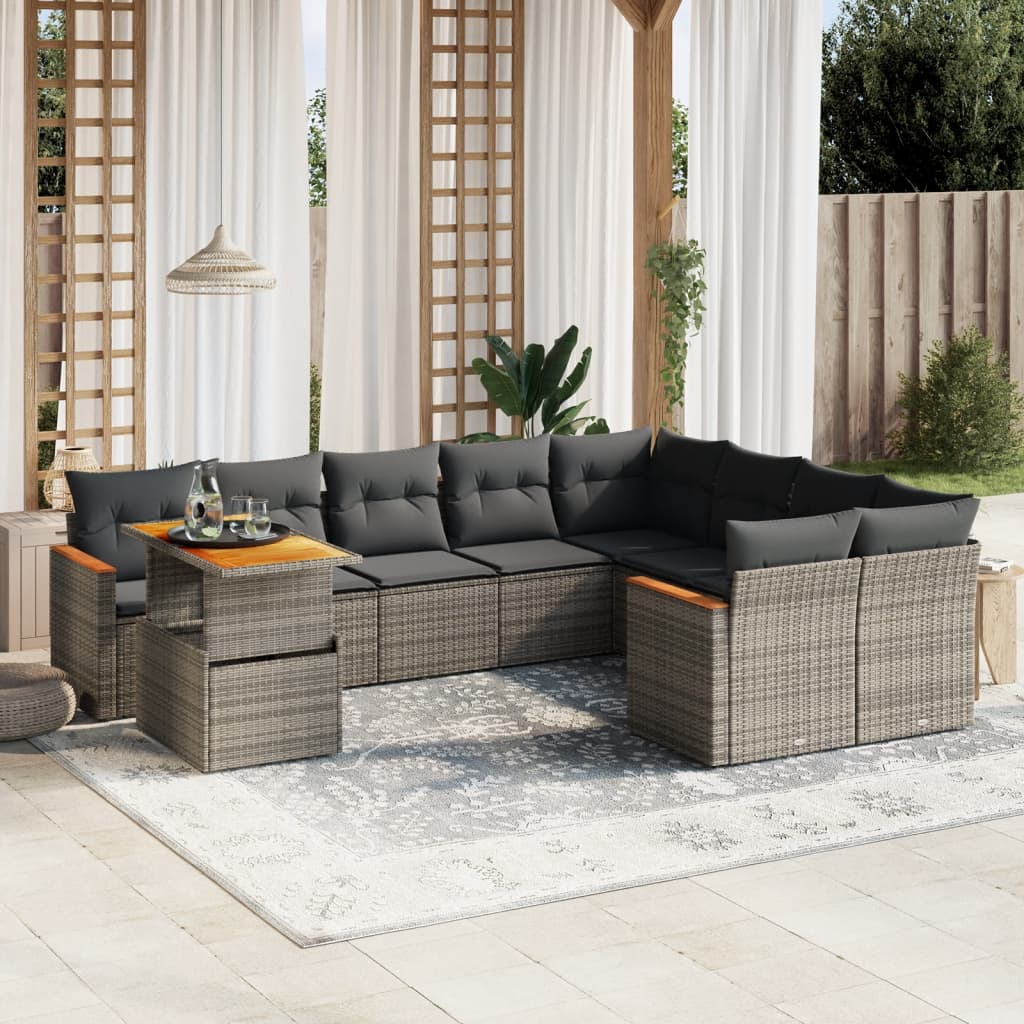 10-tlg. Garten-Sofagarnitur mit Kissen Grau Poly Rattan - Pazzar.ch