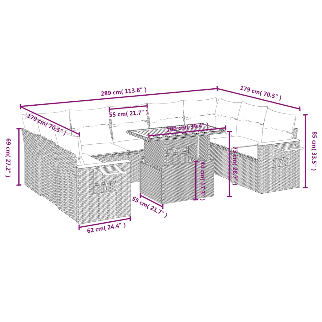 10-tlg. Garten-Sofagarnitur mit Kissen Schwarz Poly Rattan - Pazzar.ch