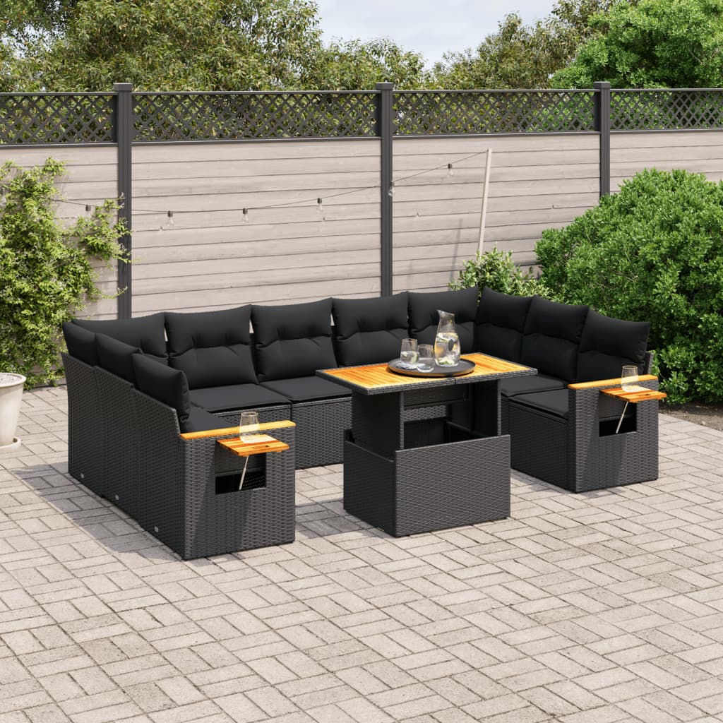 10-tlg. Garten-Sofagarnitur mit Kissen Schwarz Poly Rattan - Pazzar.ch