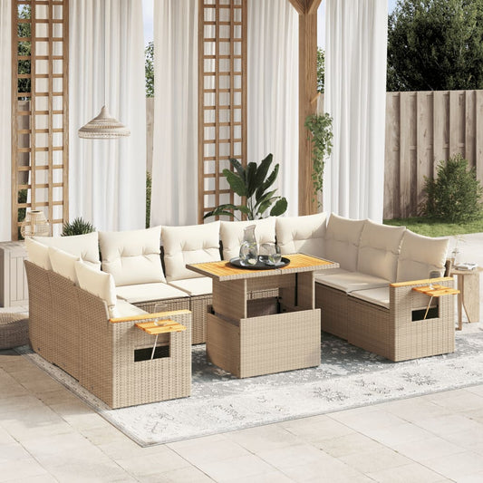 10-tlg. Garten-Sofagarnitur mit Kissen Beige Poly Rattan - Pazzar.ch