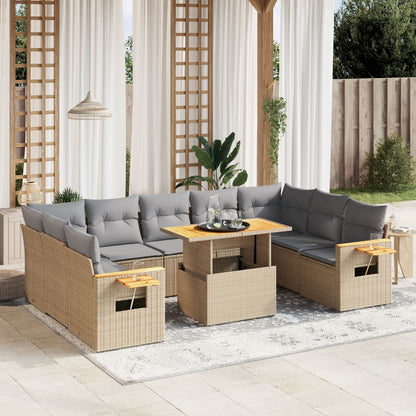 10-tlg. Garten-Sofagarnitur mit Kissen Beige Poly Rattan - Pazzar.ch