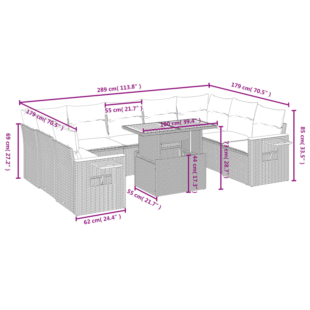 10-tlg. Garten-Sofagarnitur mit Kissen Grau Poly Rattan - Pazzar.ch