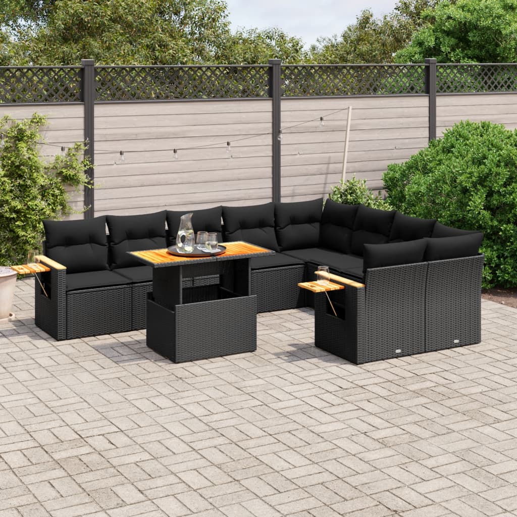 10-tlg. Garten-Sofagarnitur mit Kissen Schwarz Poly Rattan - Pazzar.ch