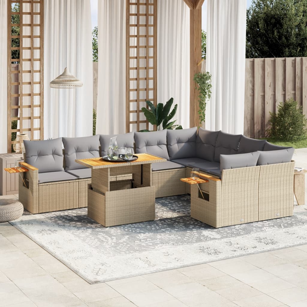 10-tlg. Garten-Sofagarnitur mit Kissen Beige Poly Rattan