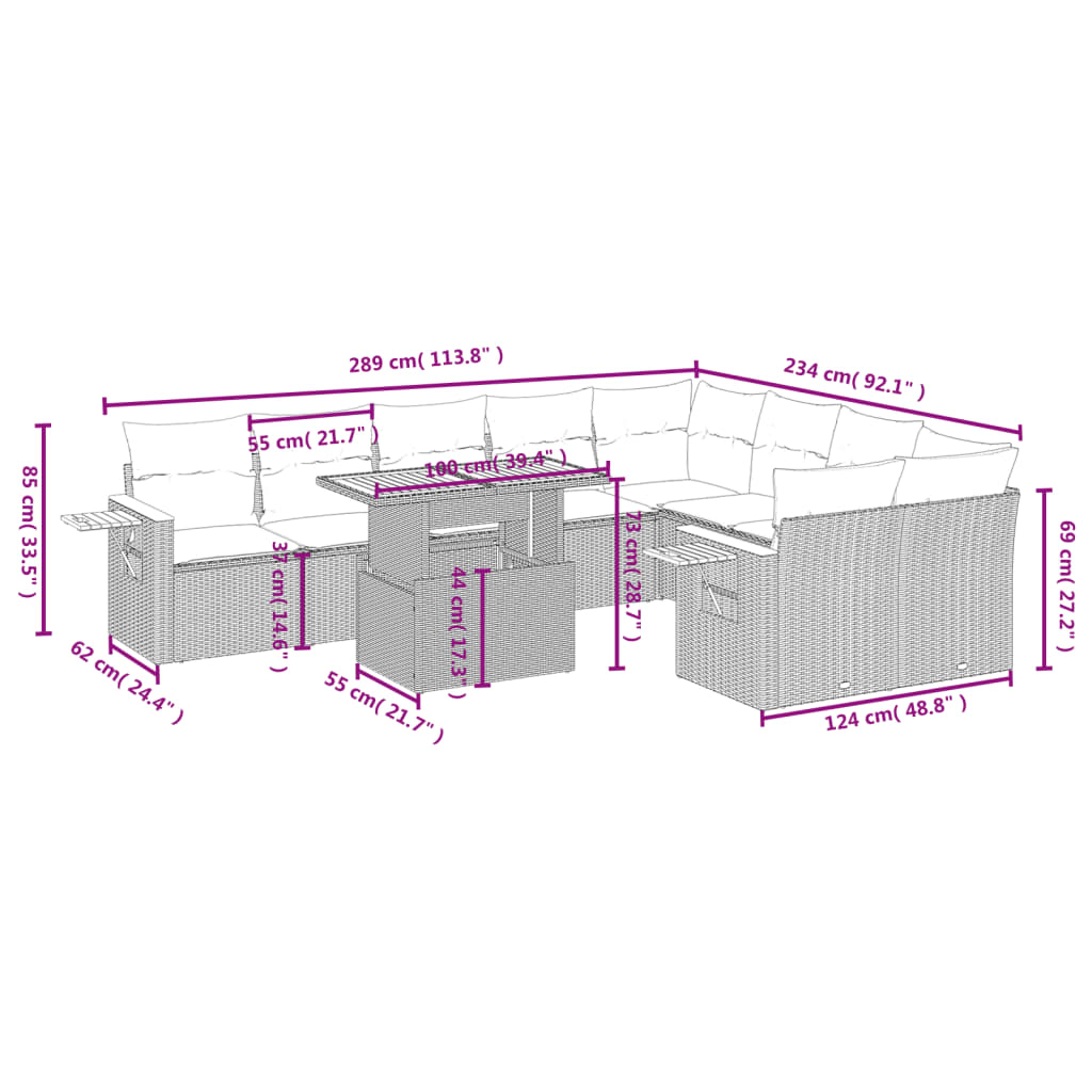 10-tlg. Garten-Sofagarnitur mit Kissen Grau Poly Rattan - Pazzar.ch