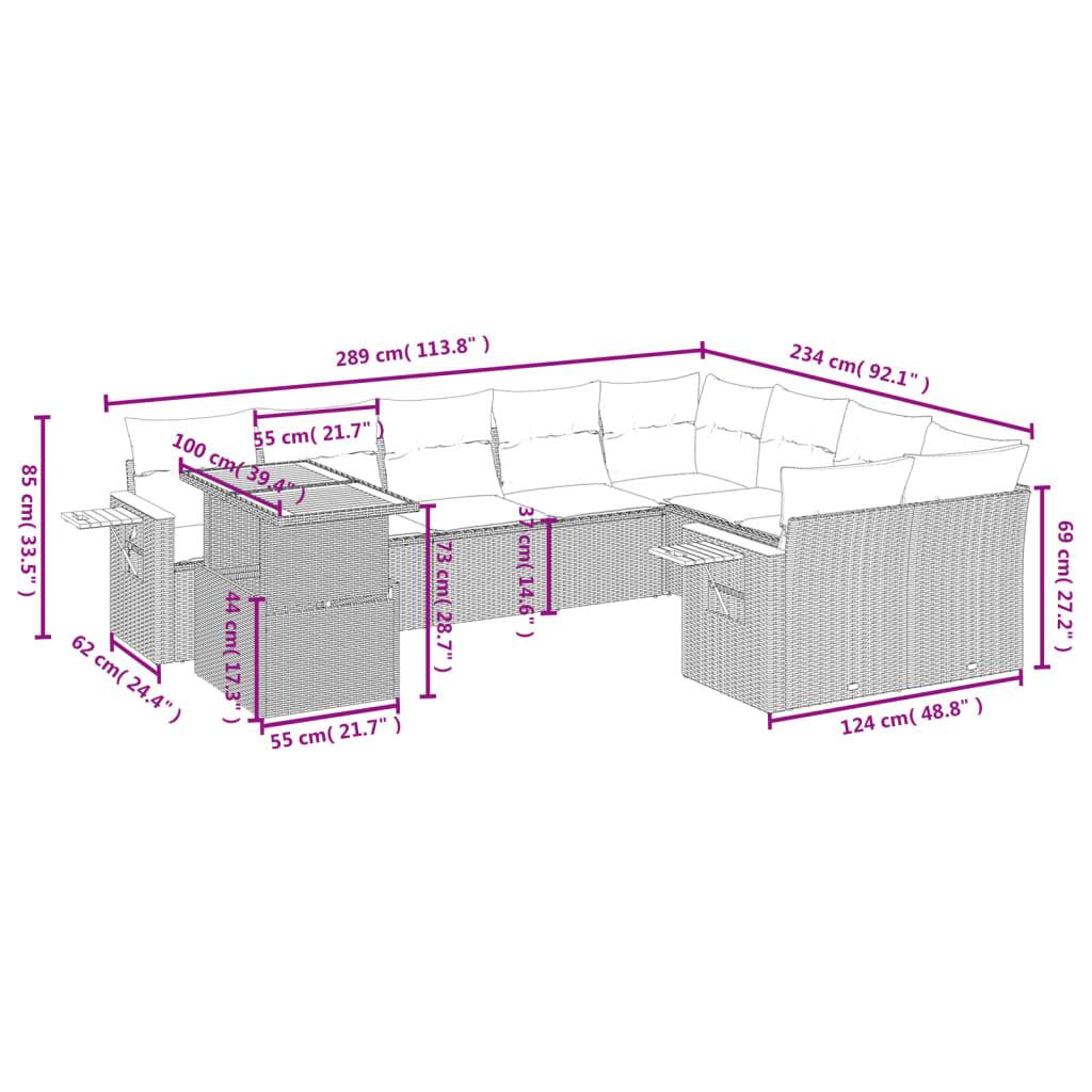 10-tlg. Garten-Sofagarnitur mit Kissen Schwarz Poly Rattan - Pazzar.ch