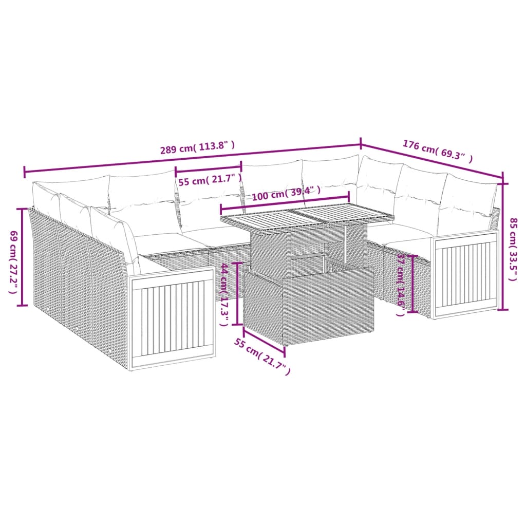 10-tlg. Garten-Sofagarnitur mit Kissen Schwarz Poly Rattan - Pazzar.ch