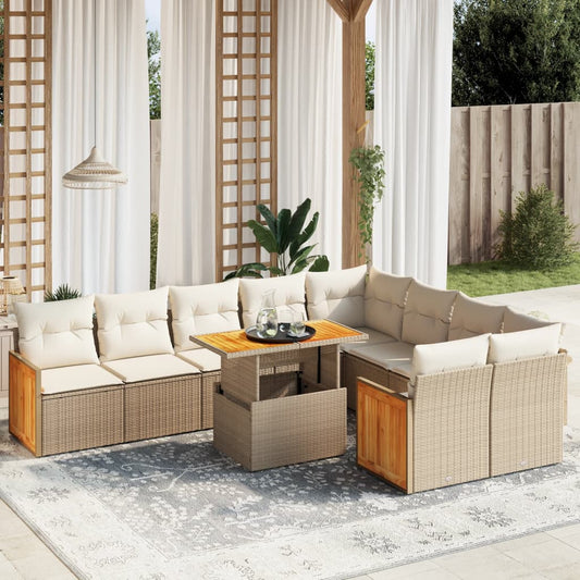 10-tlg. Garten-Sofagarnitur mit Kissen Beige Poly Rattan - Pazzar.ch