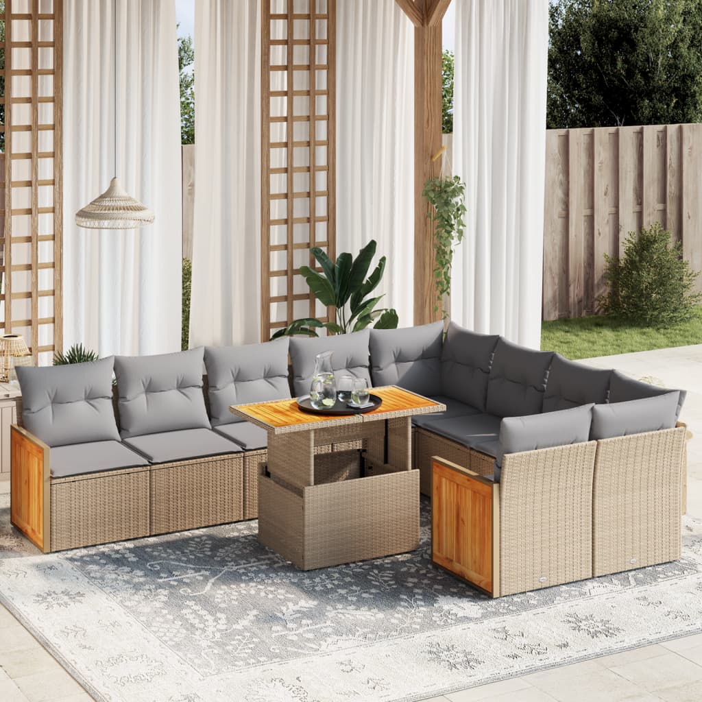 10-tlg. Garten-Sofagarnitur mit Kissen Beige Poly Rattan - Pazzar.ch