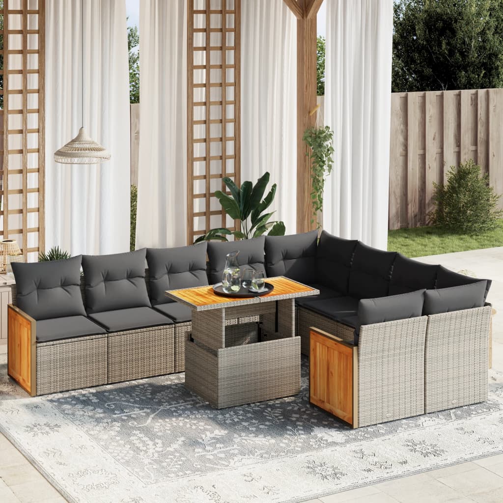 10-tlg. Garten-Sofagarnitur mit Kissen Grau Poly Rattan