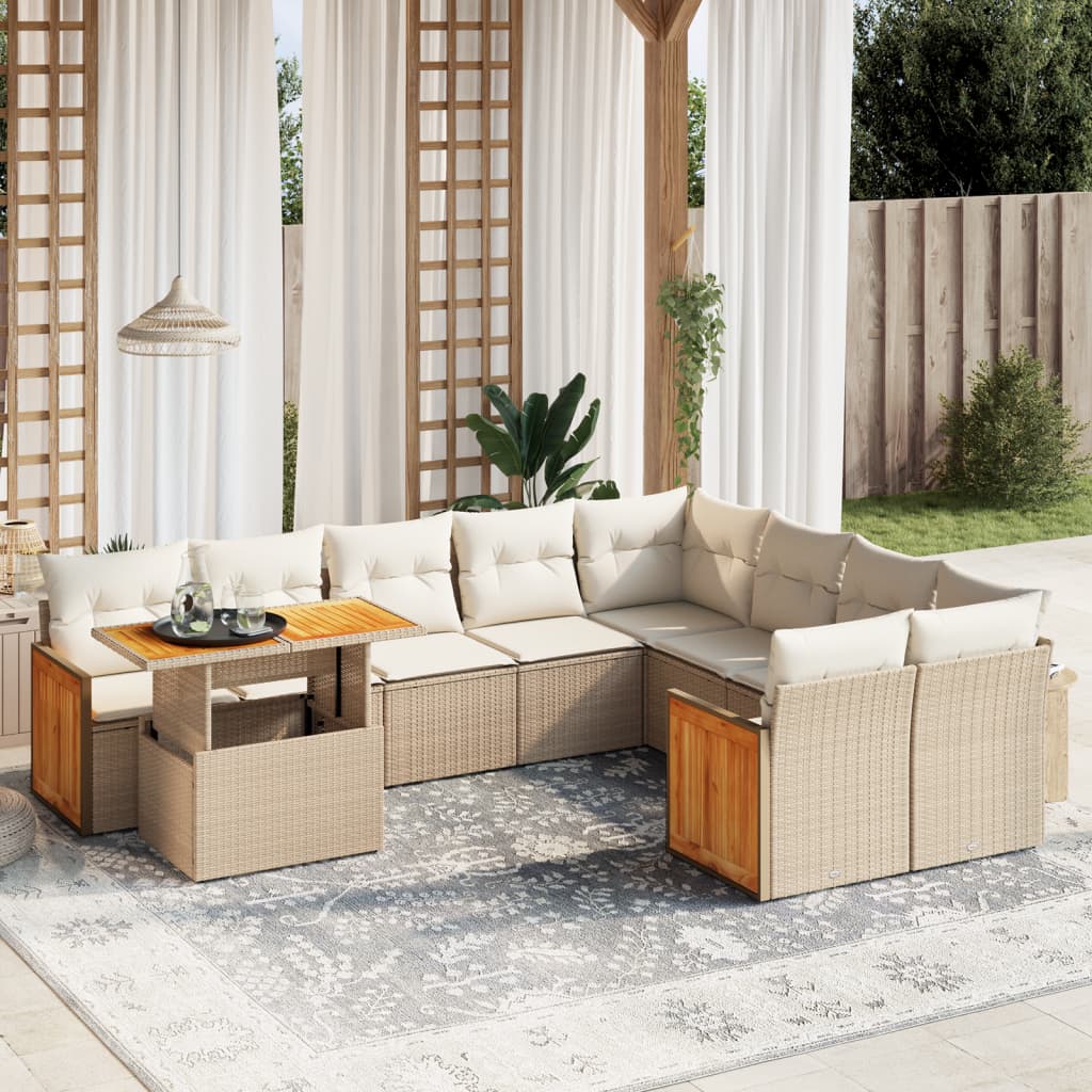 10-tlg. Garten-Sofagarnitur mit Kissen Beige Poly Rattan - Pazzar.ch