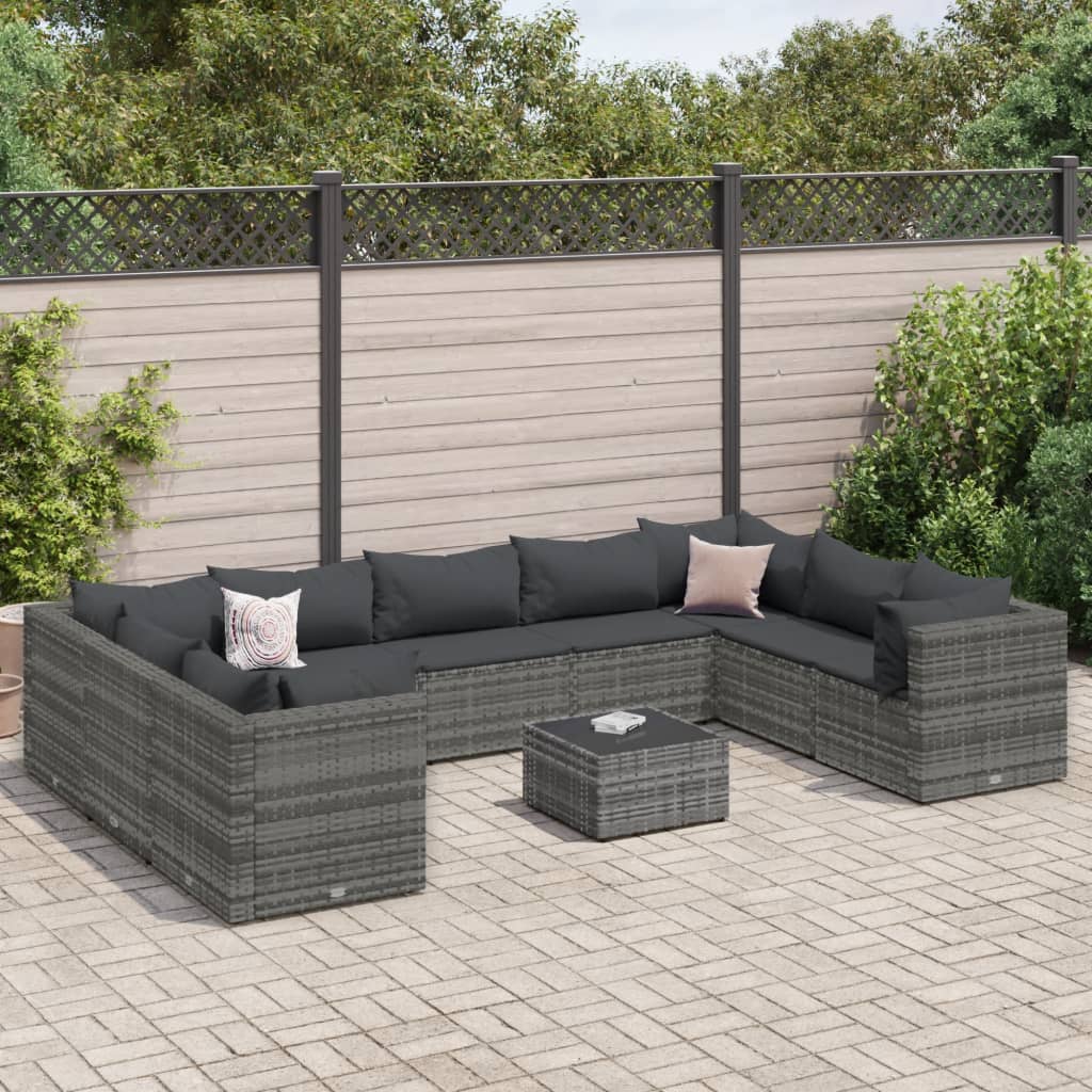 10-tlg. Garten-Lounge-Set mit Kissen Grau Poly Rattan - Pazzar.ch