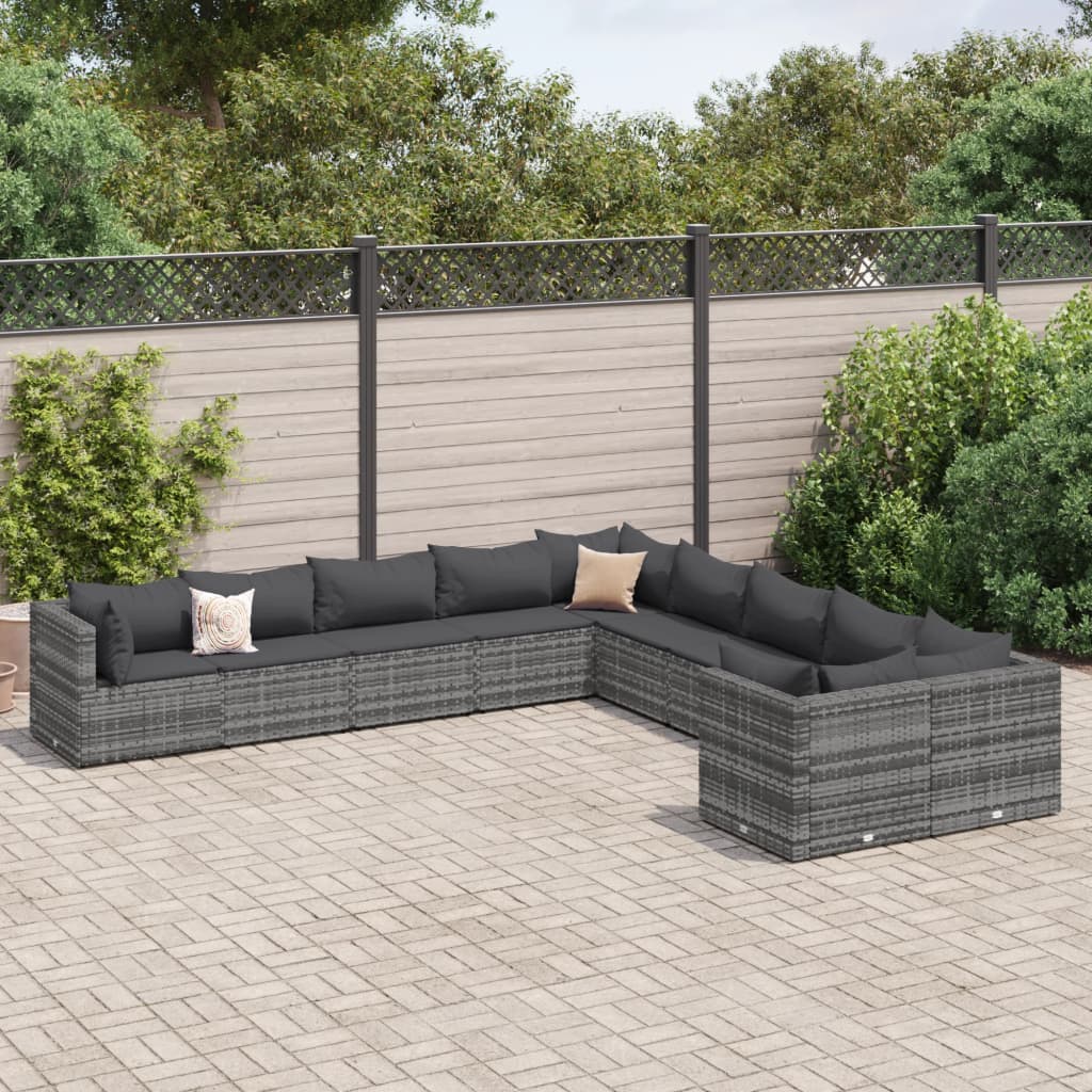 10-tlg. Garten-Sofagarnitur mit Kissen Grau Poly Rattan - Pazzar.ch