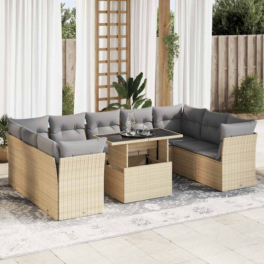 10-tlg. Garten-Sofagarnitur mit Kissen Beige Poly Rattan - Pazzar.ch