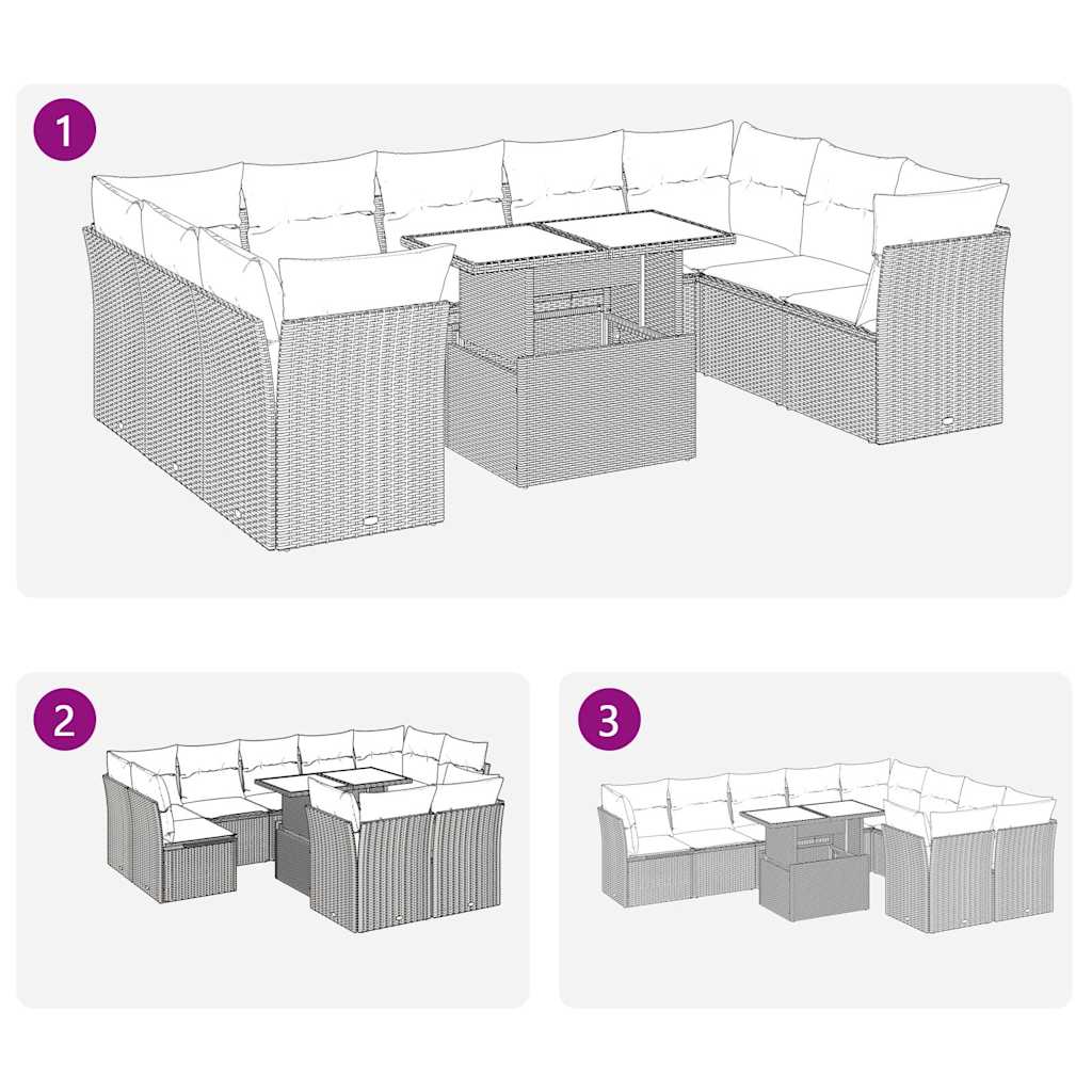 10-tlg. Garten-Sofagarnitur mit Kissen Grau Poly Rattan