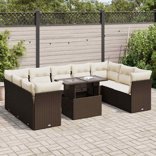 10-tlg. Garten-Sofagarnitur mit Kissen Braun Poly Rattan - Pazzar.ch