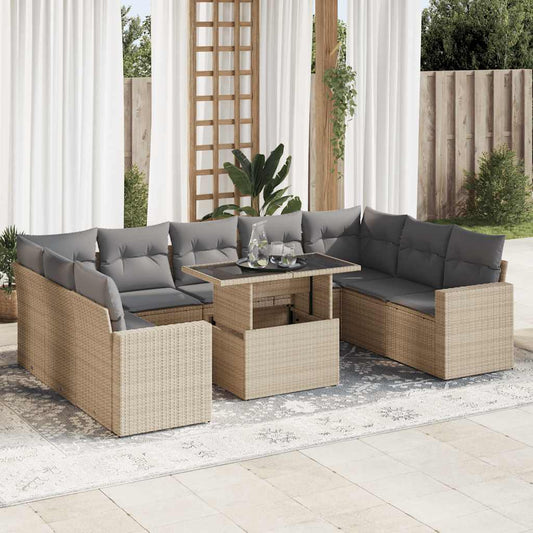 10-tlg. Garten-Sofagarnitur mit Kissen Beige Poly Rattan - Pazzar.ch