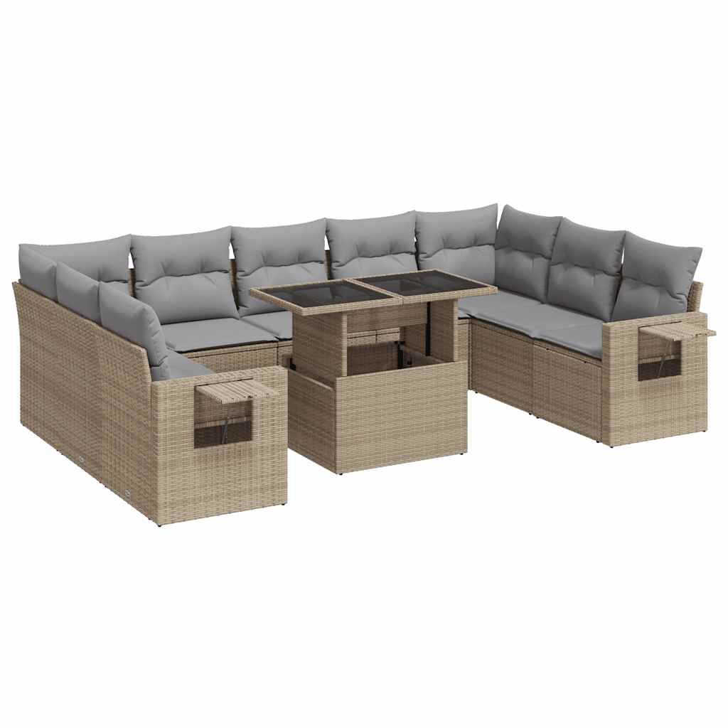 10-tlg. Garten-Sofagarnitur mit Kissen Beige Poly Rattan - Pazzar.ch