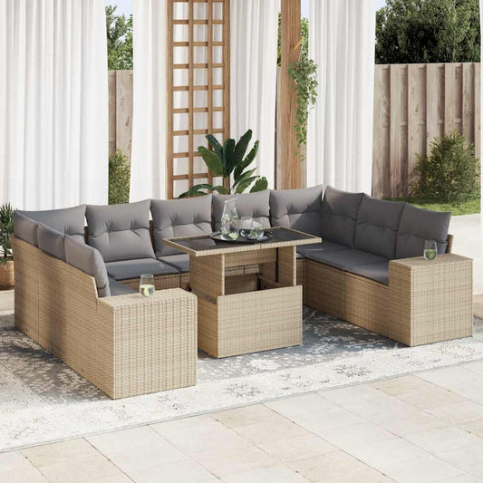 10-tlg. Garten-Sofagarnitur mit Kissen Beige Poly Rattan - Pazzar.ch