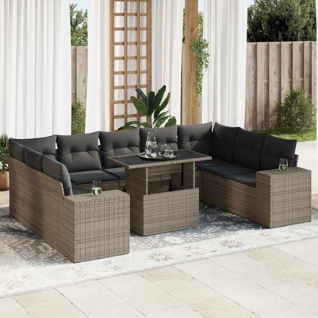 10-tlg. Garten-Sofagarnitur mit Kissen Grau Poly Rattan - Pazzar.ch