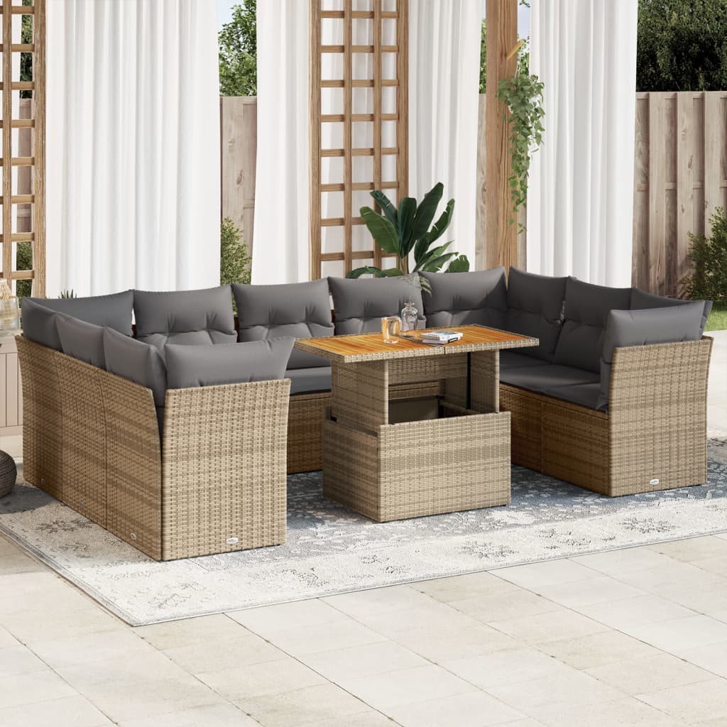 10-tlg. Garten-Sofagarnitur mit Kissen Beige Poly Rattan - Pazzar.ch