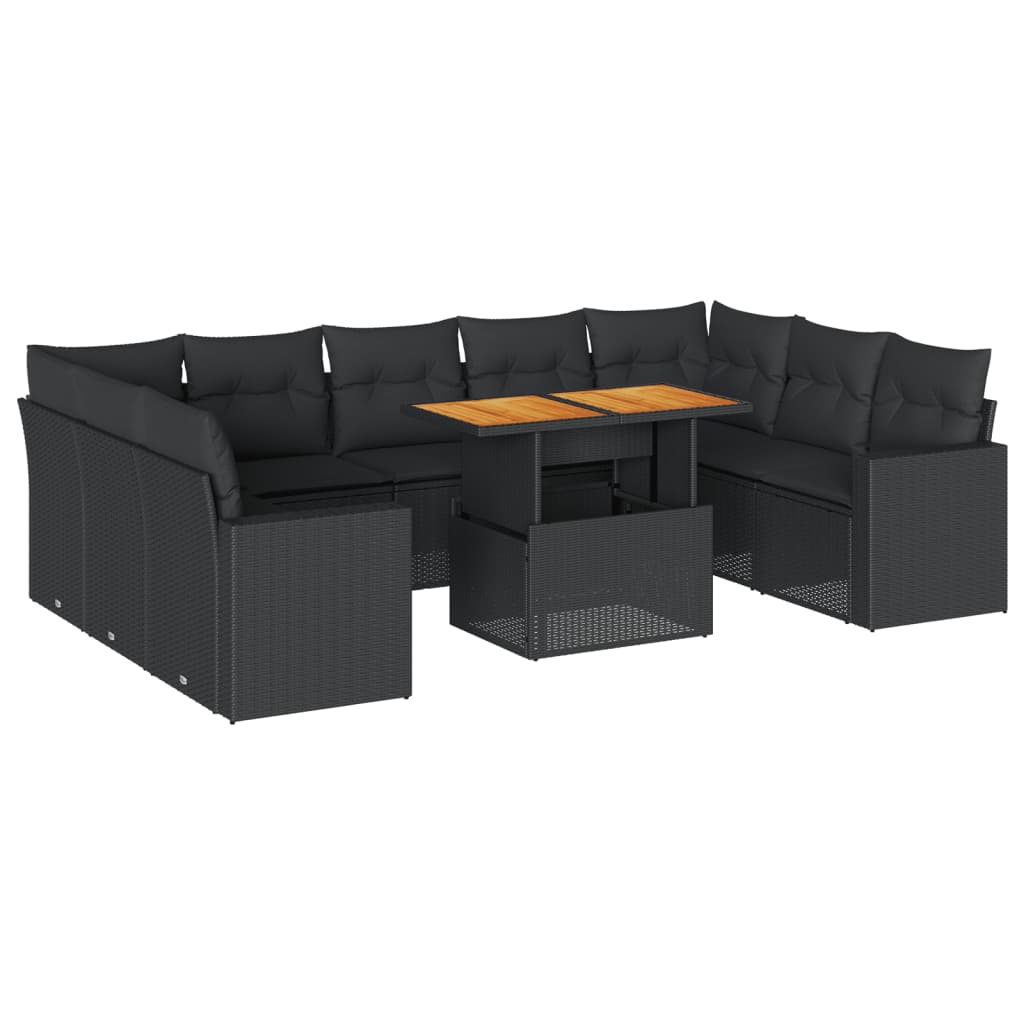 10-tlg. Garten-Sofagarnitur mit Kissen Schwarz Poly Rattan