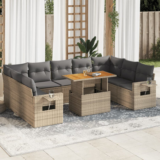 10-tlg. Garten-Sofagarnitur mit Kissen Beige Poly Rattan - Pazzar.ch